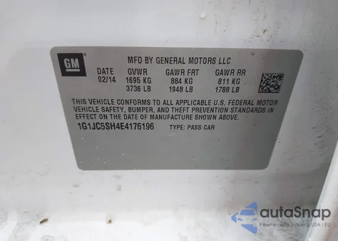 2014 Chevrolet Sonic Lt Auto из США, поврежденный, VIN 1G1JC5SH4E4176196